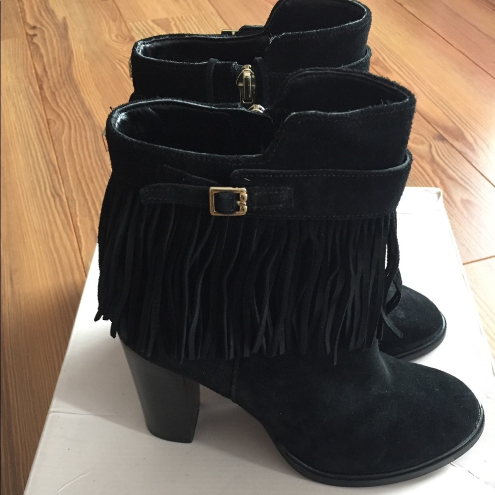 Ivanka Trump Black Leather Booties, Fringe, Size 7